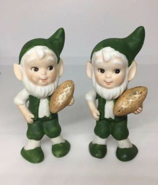2 Vintage Elves Carrying Football Figurines Ceramic Christmas Vtg Green Elf 3”