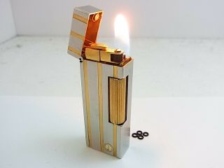 Dunhill Rollagas Lighter D Mark Silver Gold Stripe Gas Leaks W/4p O - Rings Swiss