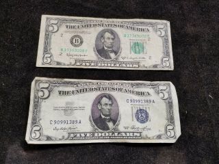 2 Vintage United States $5 Five Dollar Bills Federal Reserve Notes 1953 1950d