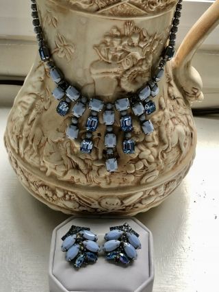 Vintage Weiss Signed Blue Milk Glass Rhinestone Necklace Earring Set Demi Parure
