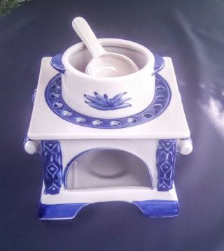 Vintage Cobalt Blue & White Ceramic Stove Oven Candle Warmer Potpourri Oil Wax