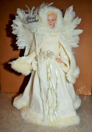 Vintage Porcelain Angel 12 " Christmas Tree Topper White With Feather Wings
