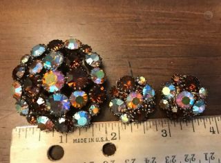 Vintage Topaz Colored Rhinestone Brooch And Clip Earrings Set Mound Round