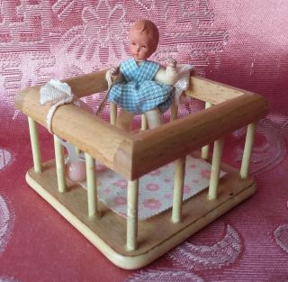 Vintage Caco German Dollhouse Miniature Baby Toddler Doll Wooden Playpen 1:12