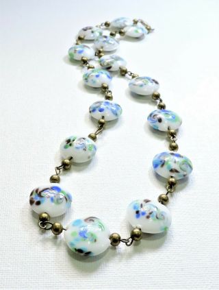 Vintage White W Blue Green Purple Swirl Lampwork Art Glass Bead Necklace Oc19601