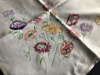 Lovely Vintage Floral Hand Embroidered Large Square Cream Irish Linen Tablecloth