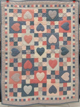Vintage Hand Made Quilt Patchwork Squares Hearts & Patterns 37x48,  Signed 1988