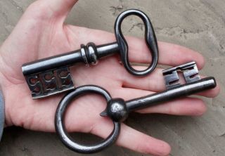 Two Wrought Iron Baroque 18th Century Chest Lock Keys