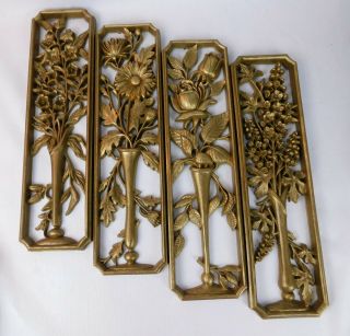 Vintage Burwood Hollywood Regency Gold Floral 4 Seasons Wall Decor Plaques
