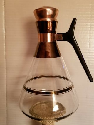 Vintage Glass Coffee Carafe W/warming Stand Atomic Holds 8 Cups Copper Accents