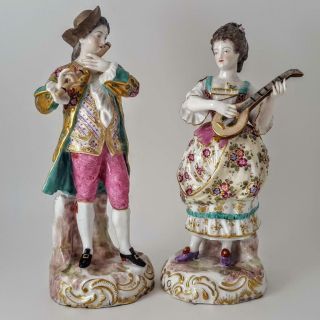 Fine Pair Antique Early 19th Century 9 Inch Derby / Chelsea Musician Figurines