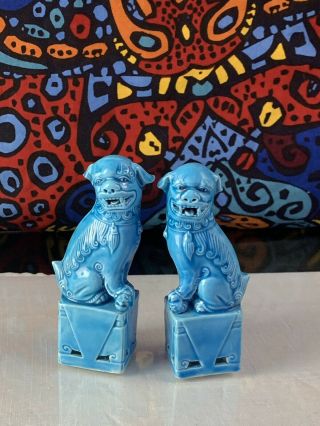 Vintage Chinese Turquoise Blue Porcelain Foo Dogs Figurines - 4.  5 Inches Tall -