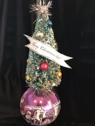 Vintage Purple Stencil Mercury Glass Bottle Brush “merry Christmas” Ornament