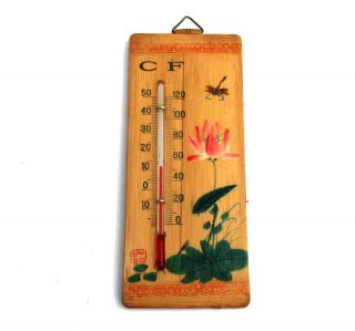 Antique Vintage Oriental Bamboo Dragonfly Lotus Flower Hand Paint Thermometer Cf