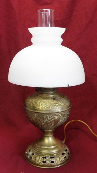 Antique Bradley & Hubbard Ornate Brass Electrified Oil Lamp W/ Shade - -