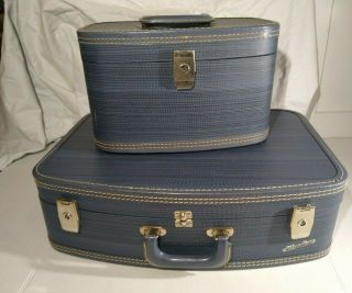 Mcm Vintage Suitcase & Train Case Blue Vinyl Hard Side Silver Star 2pc.  Set