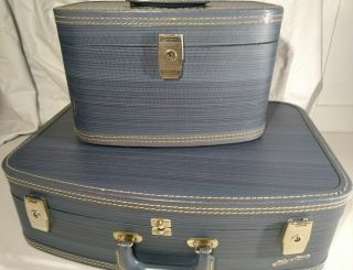 MCM Vintage Suitcase & Train Case Blue Vinyl Hard Side SILVER STAR 2pc.  Set 2