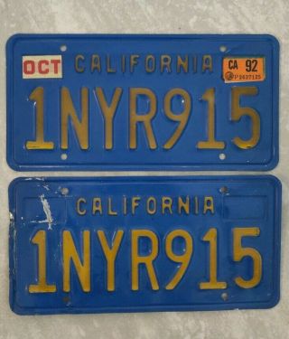 Vintage California Blue & Yellow License Plate Matching Set Pair