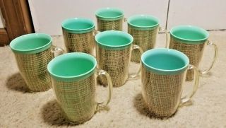 Set Of 8 Vintage Wicker Insulated Coffee Cup Mugs Raffia Ware 6 " Tall Blue/green
