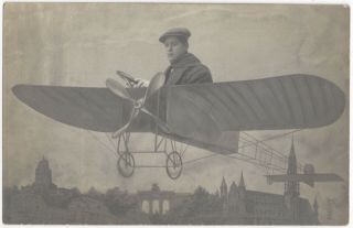 1915 Studio Prop Real Photo - Man In Airplane Flying Over City,  Vintage Postcard