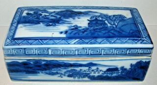 Vintage Chinese Porcelain Qianlong Mark Blue White Landscape Covered Box