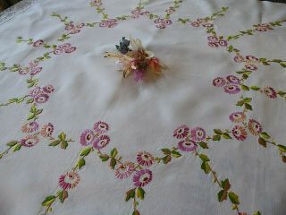 Vintage Hand Embroidered Linen Tablecloth=beautiful Trailing Flowers