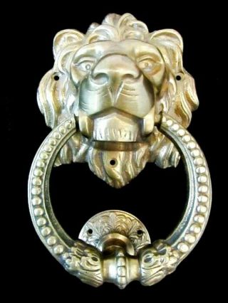 Large Vintage Brass Lion Head Heavy Door Knocker With Plate