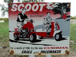 Old Vintage 1958 Cushman Scooters Porcelain Enamel Sign " Scott Into Summer "