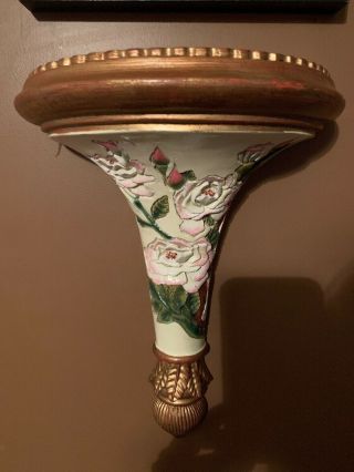 Vintage Syrocco Wood Ornate Painted Floral Wall Sconce Shelves Gilt Edge