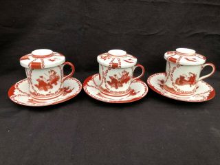 3 X Antique Japanese Hirado Lidded Cup And Saucer.  Marked Bottom 6 Characters