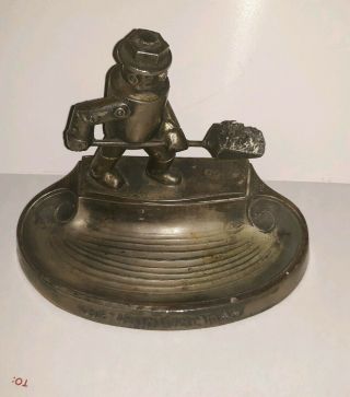 Vintage The Iron Fireman Art Deco 1930s Cast Metal Ashtray By AC Reyberger 2