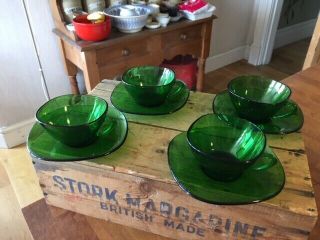 Vintage Set 4 Vereco France Green Glass Cups & Saucers – Retro –
