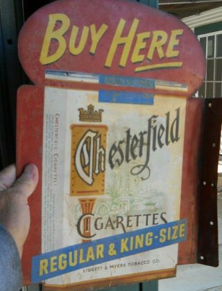 Vintage " Chesterfield " Cigarette Buy Here Metal Sign Double Side Sign 12 " X16.  5 "