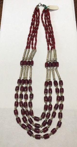Vintage Middle East Tribal Multi Strand Silver Garnet Stone Tube Bead Necklace