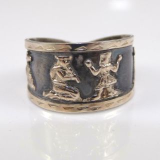 Vintage Peruvian Aztec Mayan Sterling Silver 18k Gold Ring Cuff Size 7.  5 Lfj3