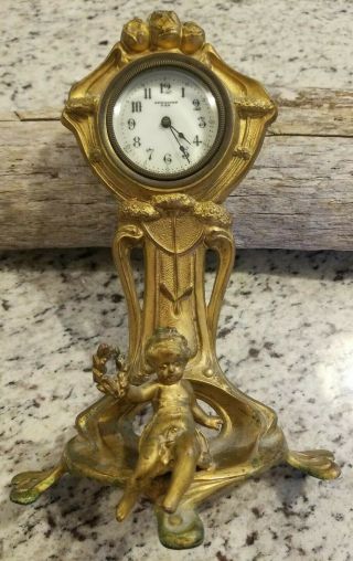Antique Haven Clock Cherub Figural Art Nouveau Victorian Metal 9 "