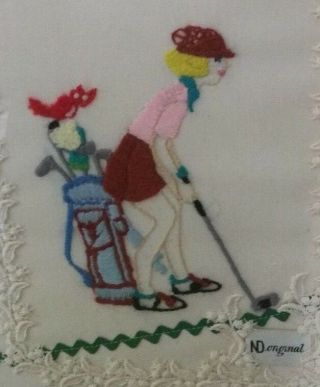 Vintage Needlepoint Embroidery Woman Golfing Blond Framed Art Wall Hanging Retro