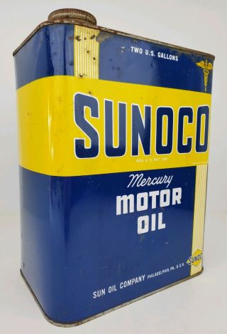 Vintage Sunoco Mercury Made Motor Oil 2 Gallon Metal Can Advertisement Man Cave