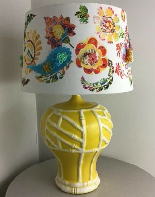 Vintage Retro Mid Century Tiki Modern Yellow Glazed Lamp With Art Craft Shade