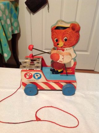 Darling Vintage Fisher Price Tiny Teddy 636 Wooden Xylophone Pull Toy