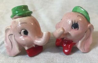 Vintage Porcelain Ceramic Pink Elephant Green Hats Salt & Pepper Shakers Japan