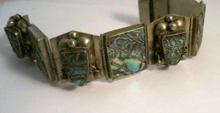 Vintage Mexico Alpaca Silver Iridescent Abalone Shell Mask Panel Bracelet 7 - 1/4 "