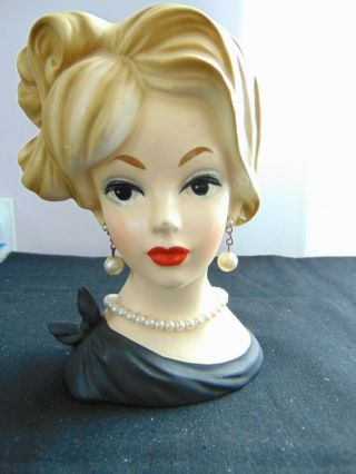 Vintage Lady Head Vase 5.  5 " 1959 Napco C7293 Green Eyes/black Dress/blond Hair