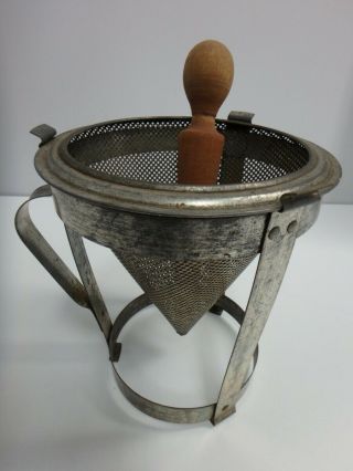 Antique Vintage Kitchen 2 Piece Metal Sifter With Wooden Pestle 40916