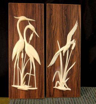 Pair White Plastic 3 - D Wall Hanging Art Plaques: Birds Heron Seagull Germany Mcm