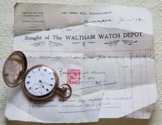 Antique 1909 Waltham Gold Filled Full Hunter Pocket Watch With Receipt