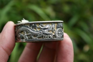 Antique Chinese Solid Silver Small Heart Shaped Carving Dragon Case - Marks