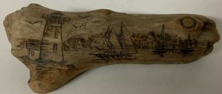 Vintage Signed Scrimshaw Carved Driftwood A.  Lowther Nautical Seaside Lighth
