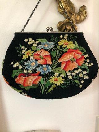 Antique Purse Petite Point Gobelin Poppy Daisy Embroidered Gift Quality Beauty