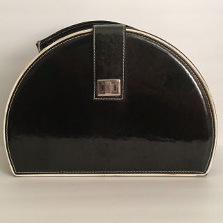 Vintage Makeup Travel Case Black Patten Leather Mirror 12x9x7